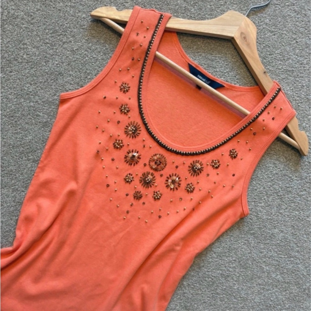 Embellished Coral Orange Tank Top Scoop Neck Size M (8-10)